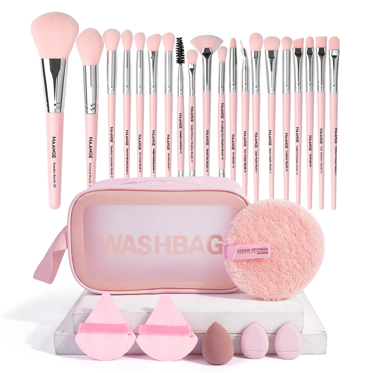 27Pcs Makeup Tools Kit 20Pcs Foundation Contour Blush Brush Set with Triangle Powder Puff Makeup Remover Puff Travel Bag