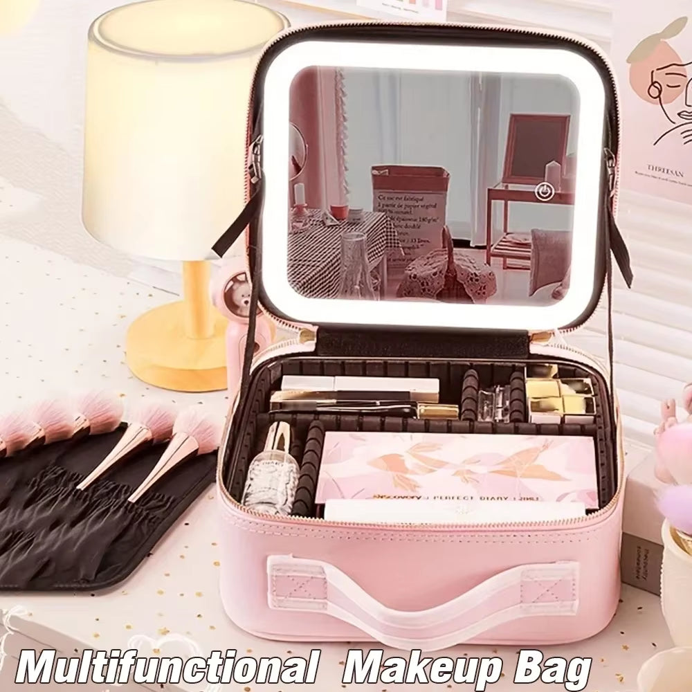 New LED Lighted Cosmetic Case with Mirror PU Leather Portable Travel Makeup Storage Bags Waterproof Travel Makeup Bag