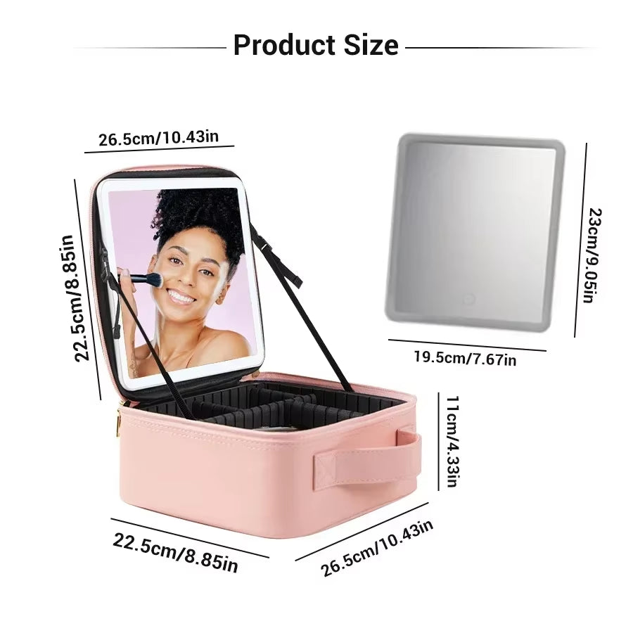 New LED Lighted Cosmetic Case with Mirror PU Leather Portable Travel Makeup Storage Bags Waterproof Travel Makeup Bag