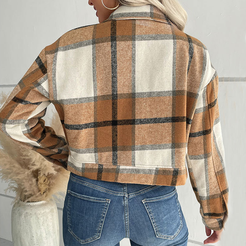 Women's jacket  Plaid Cropped Coat - Long Sleeve with Pockets