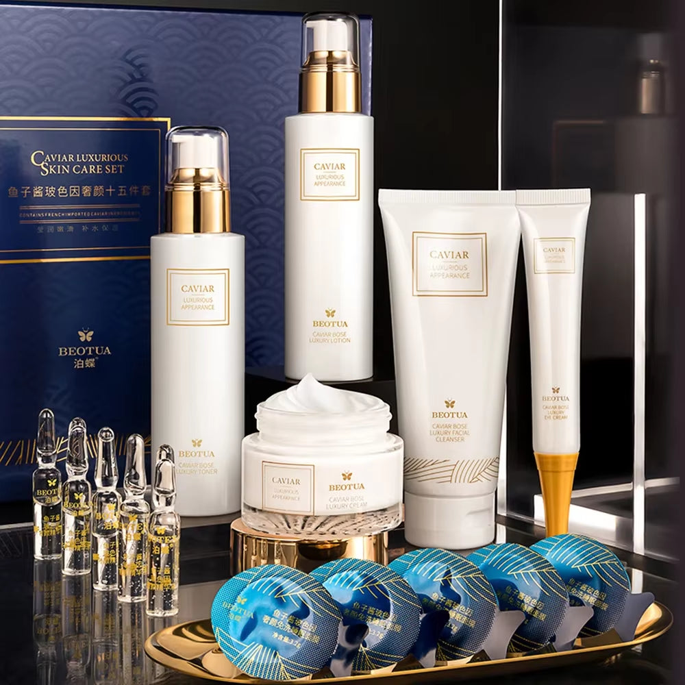  "Skin Care", "Anti-Wrinkle", "Whitening", and "Korean", to help with search visibility. They also emphasize the luxury and comprehensive nature of the 15-piece set.