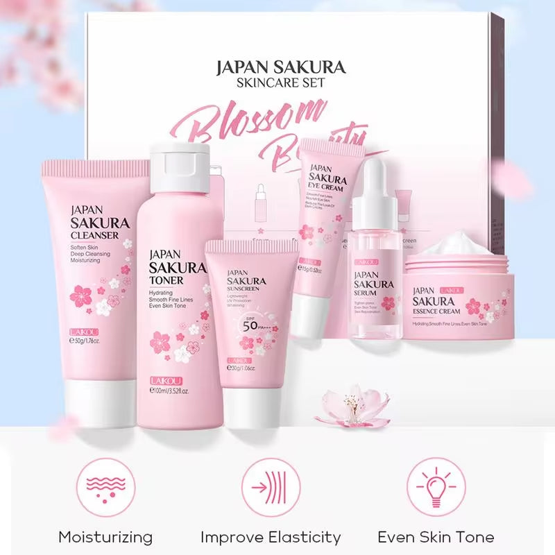 Sakura Facial Cleaner Korean Face Serum anti Acne Peeling Gel Moisturize Fade Dark Circles Eye Cream Skin Care Set Women Gift