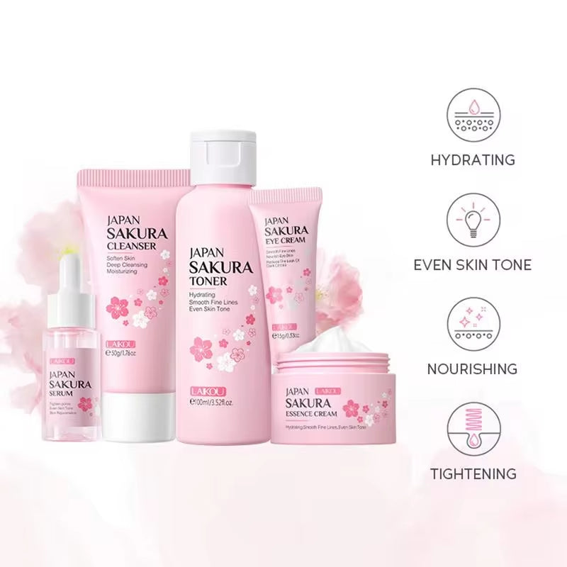 Sakura Facial Cleaner Korean Face Serum anti Acne Peeling Gel Moisturize Fade Dark Circles Eye Cream Skin Care Set Women Gift