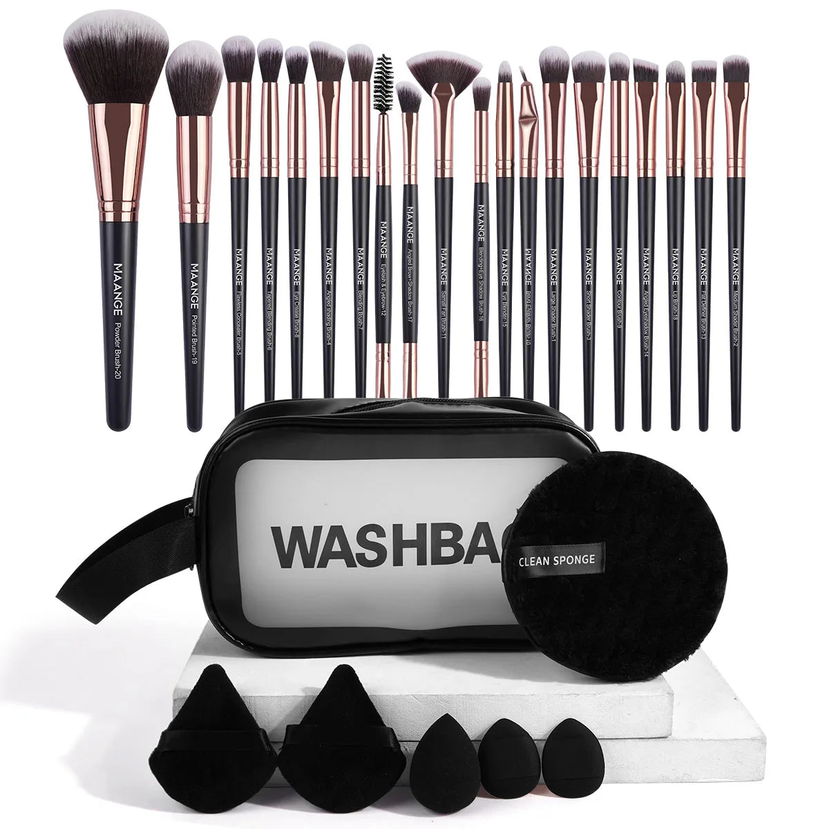 27Pcs Makeup Tools Kit 20Pcs Foundation Contour Blush Brush Set with Triangle Powder Puff Makeup Remover Puff Travel Bag