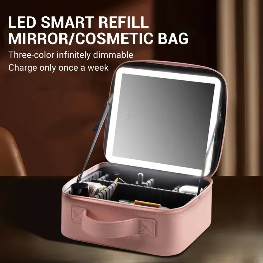 New LED Lighted Cosmetic Case with Mirror PU Leather Portable Travel Makeup Storage Bags Waterproof Travel Makeup Bag