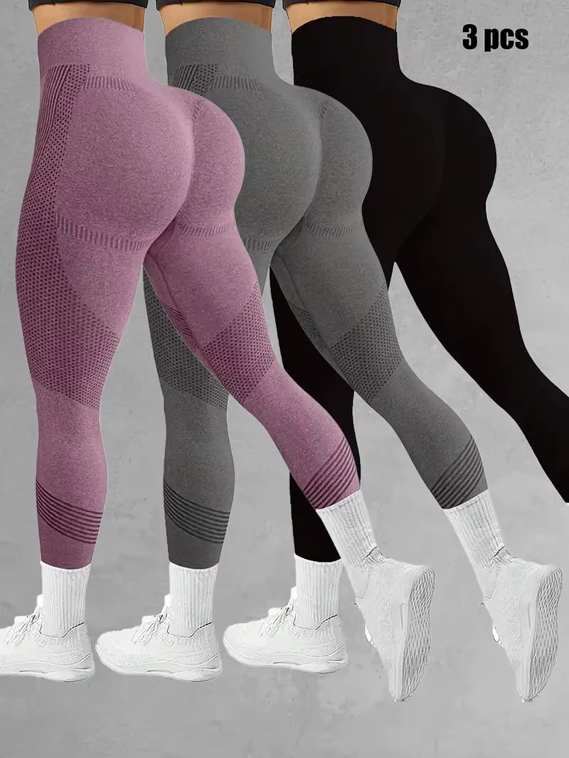 3-Pack Women's High-Waisted Striped Yoga Pants - Stretchy & Breathable