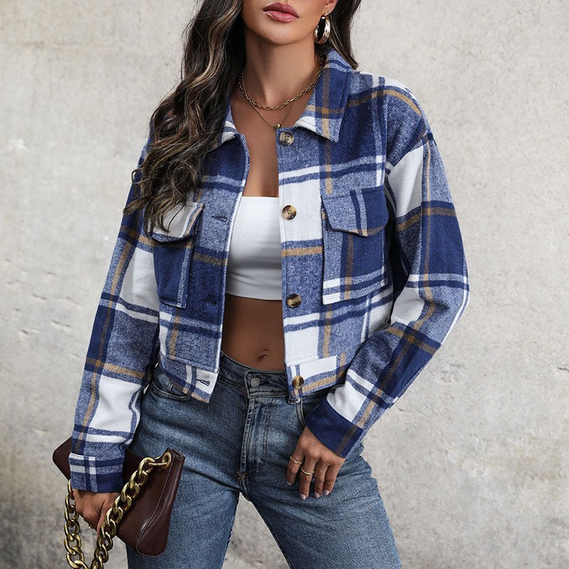 Women's jacket  Plaid Cropped Coat - Long Sleeve with Pockets