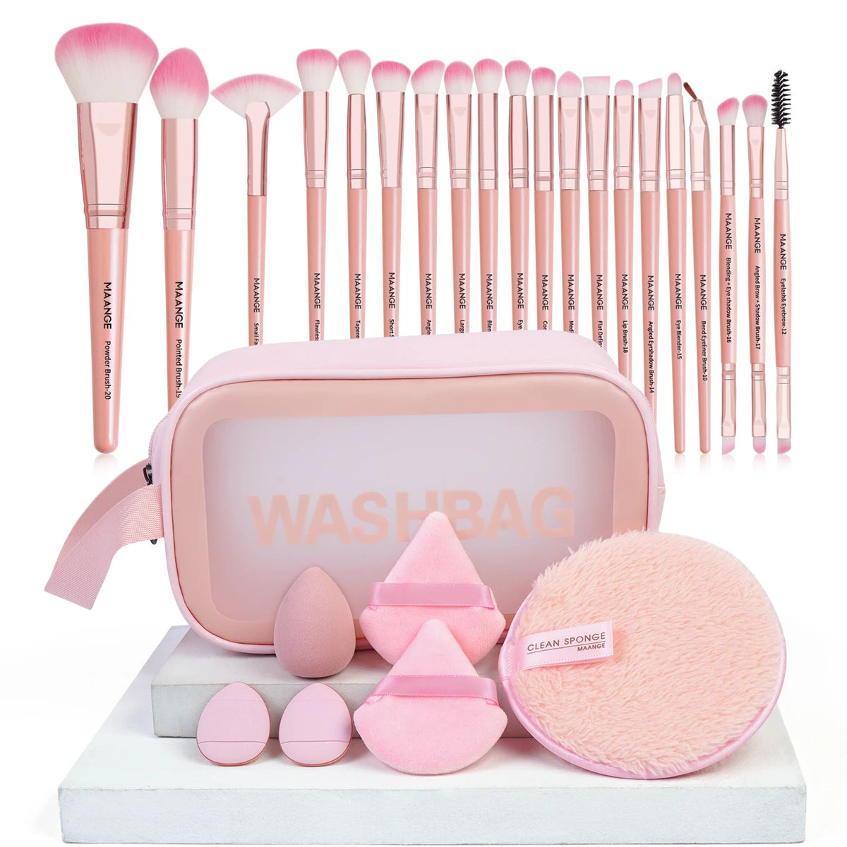 27Pcs Makeup Tools Kit 20Pcs Foundation Contour Blush Brush Set with Triangle Powder Puff Makeup Remover Puff Travel Bag