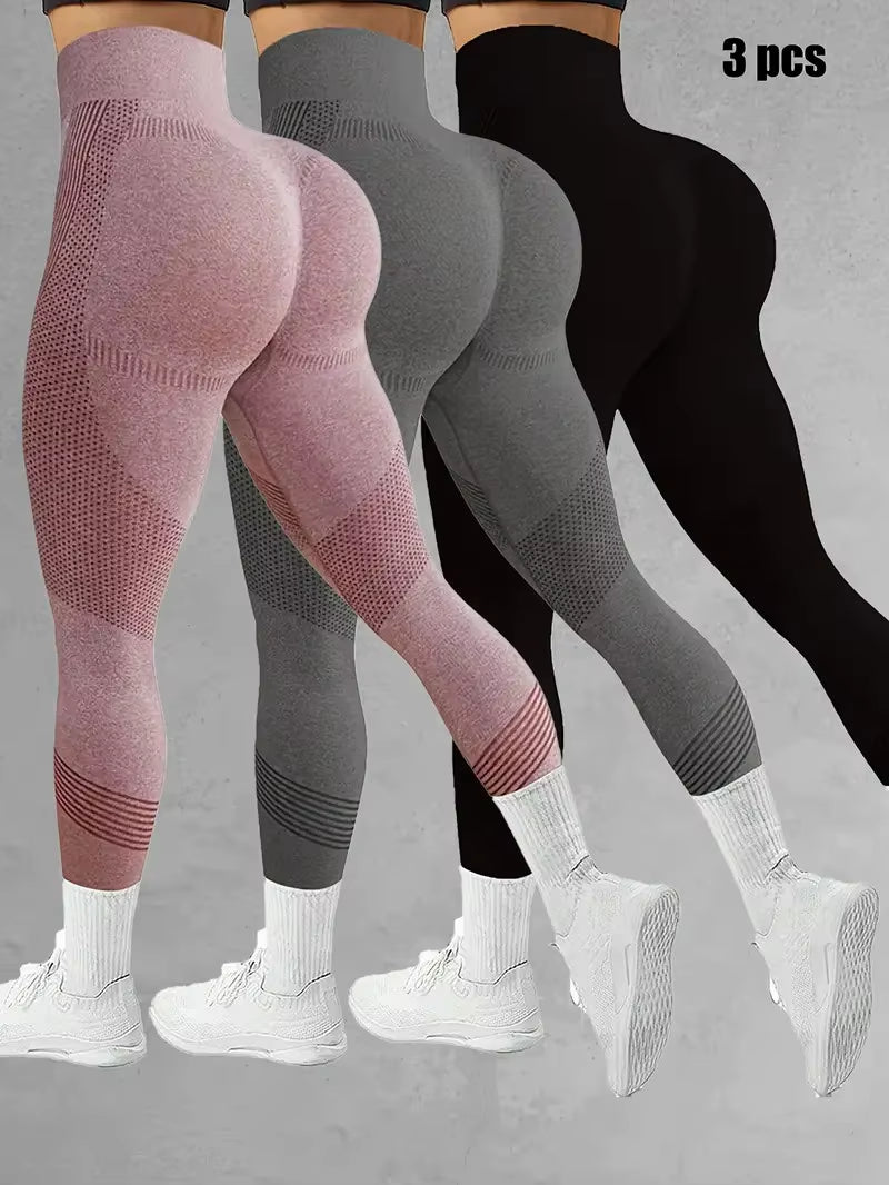 3-Pack Women's High-Waisted Striped Yoga Pants - Stretchy & Breathable