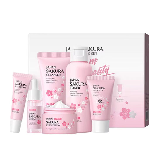 Sakura Facial Cleaner Korean Face Serum anti Acne Peeling Gel Moisturize Fade Dark Circles Eye Cream Skin Care Set Women Gift