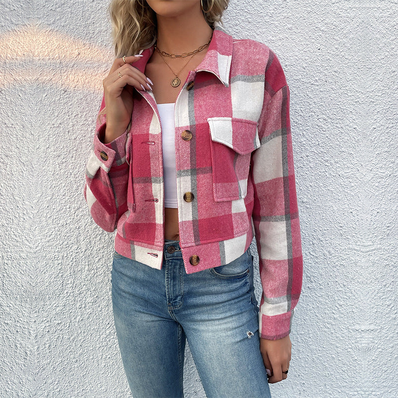 Women's jacket  Plaid Cropped Coat - Long Sleeve with Pockets