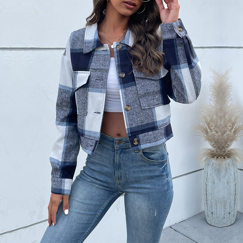 Women's jacket  Plaid Cropped Coat - Long Sleeve with Pockets