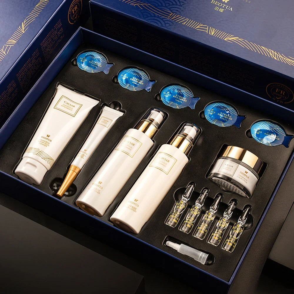  "Skin Care", "Anti-Wrinkle", "Whitening", and "Korean", to help with search visibility. They also emphasize the luxury and comprehensive nature of the 15-piece set.