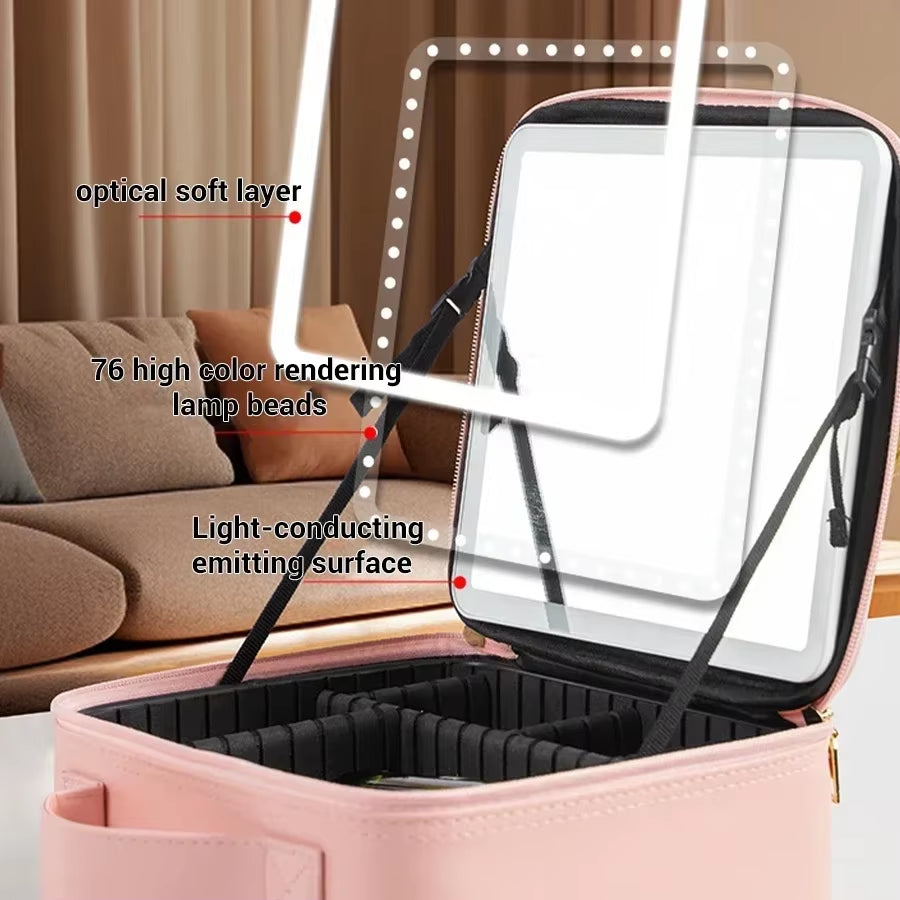 New LED Lighted Cosmetic Case with Mirror PU Leather Portable Travel Makeup Storage Bags Waterproof Travel Makeup Bag