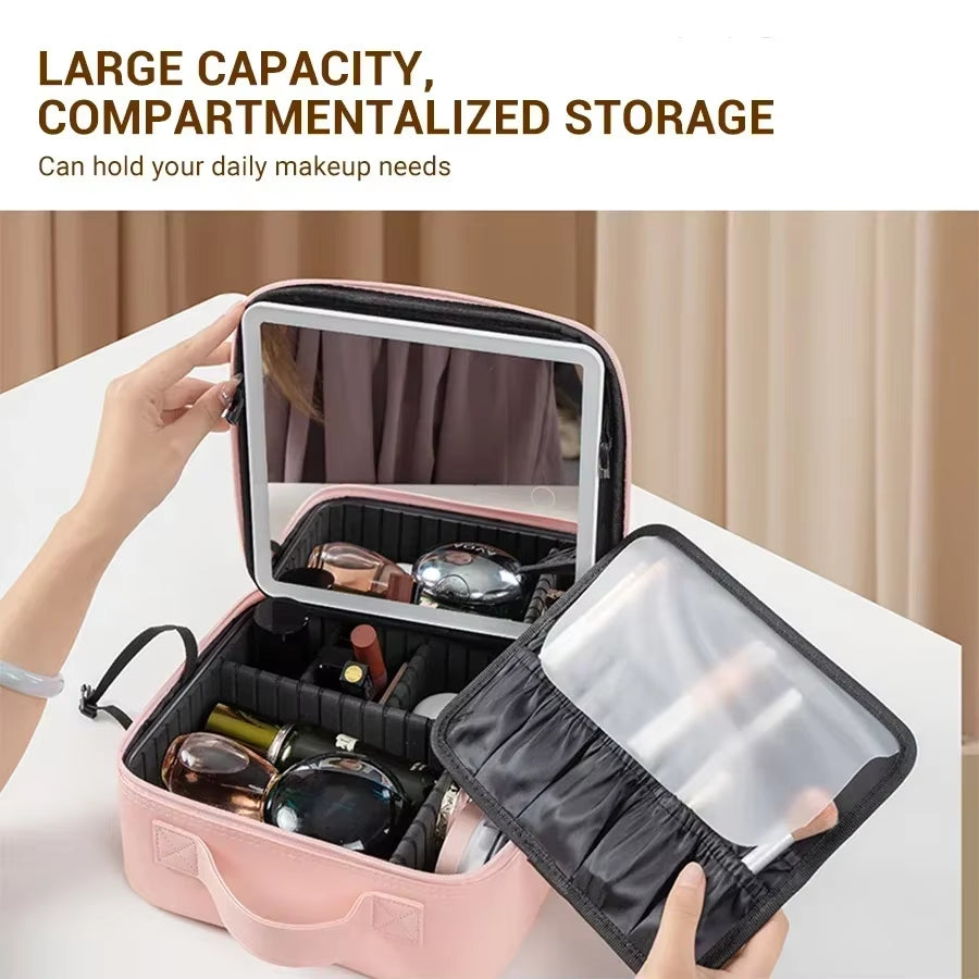 New LED Lighted Cosmetic Case with Mirror PU Leather Portable Travel Makeup Storage Bags Waterproof Travel Makeup Bag