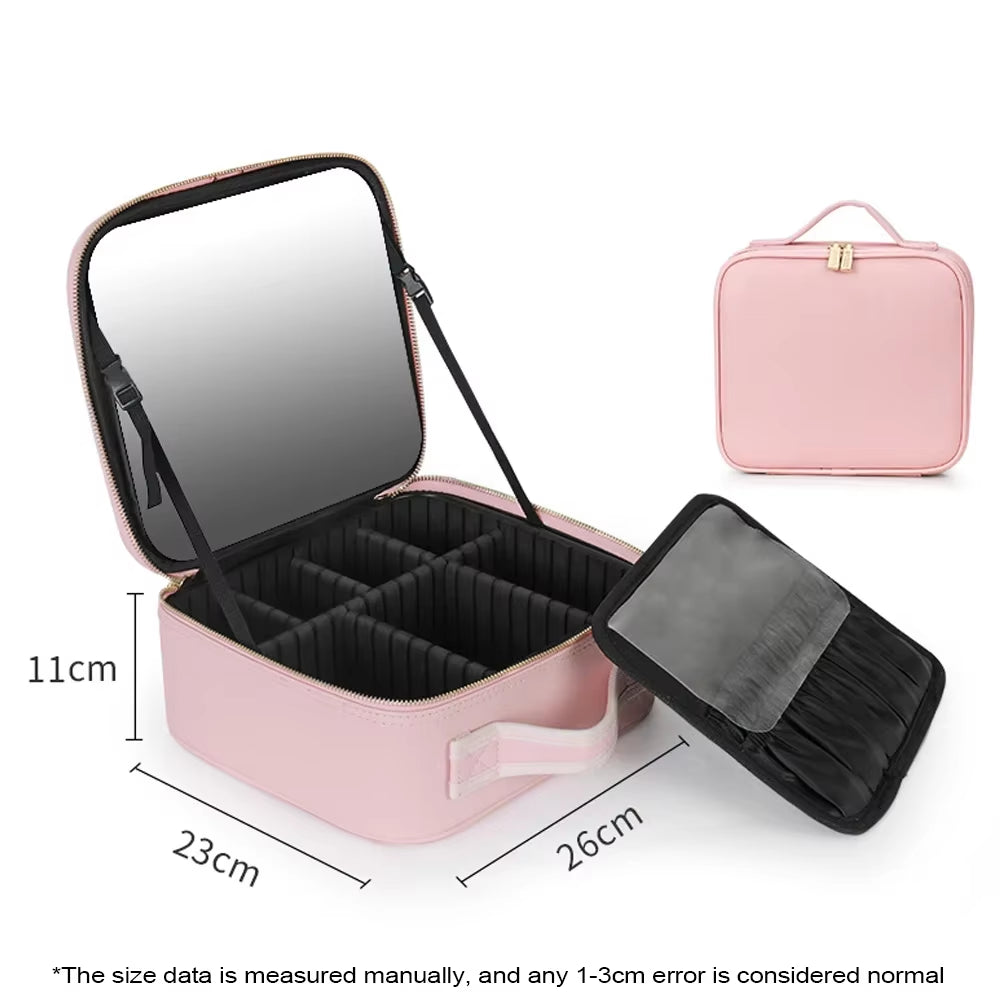 New LED Lighted Cosmetic Case with Mirror PU Leather Portable Travel Makeup Storage Bags Waterproof Travel Makeup Bag