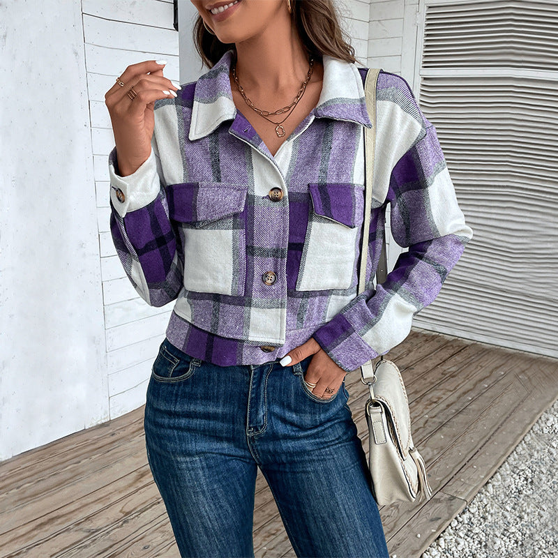 Women's jacket  Plaid Cropped Coat - Long Sleeve with Pockets